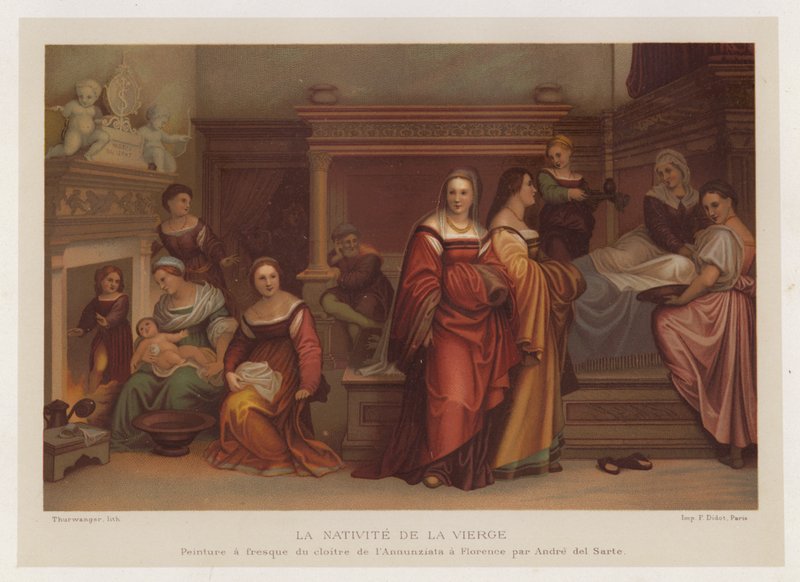 Jungfruns födelse, freskmålning från klostret Annunziata i Florens av Andre del Sarte (chromolitho) av French School