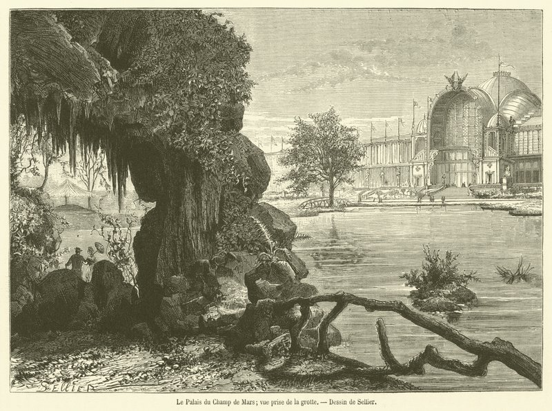 Palais du Champ de Mars, utsikt tagen från grottan (gravyr) av French School