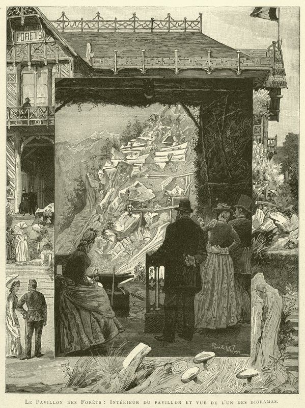 Le Pavillon des Forets, interiör av paviljongen och utsikt över en av diorama (gravyr) av French School