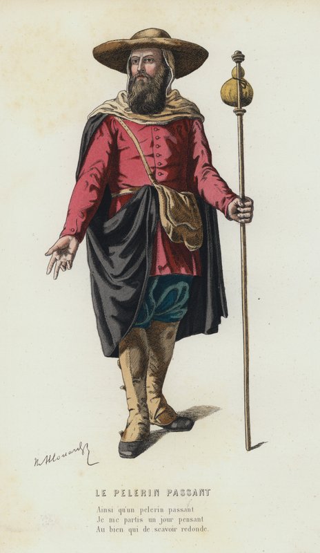 Pilgrimspasseringen (färgad gravyr) av French School