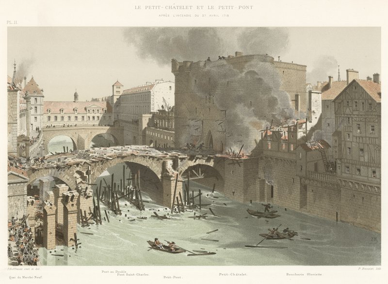 Petit-Chatelet och Petit-Pont, efter branden den 27 april 1718 av French School