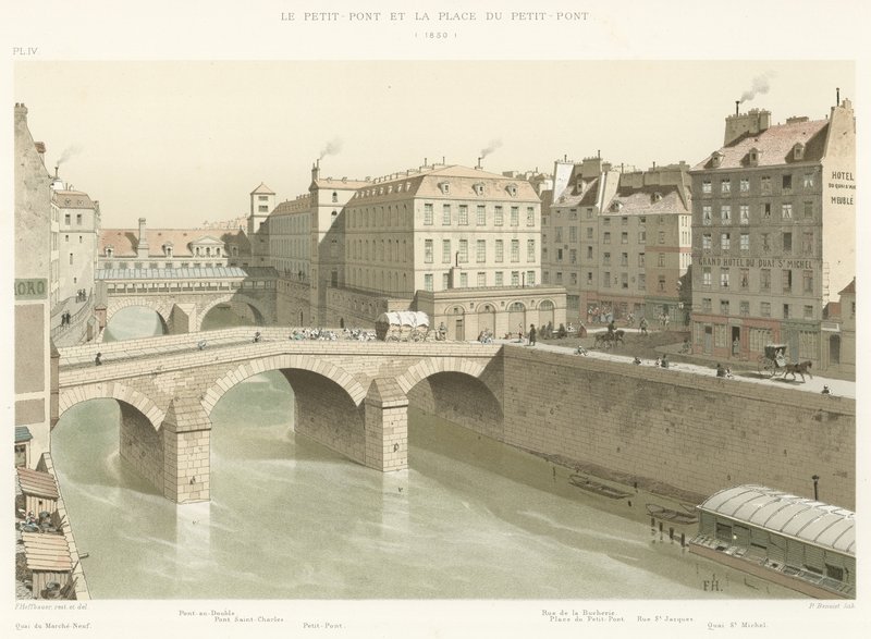 Petit-Pont och Place du Petit-Pont, 1830 av French School