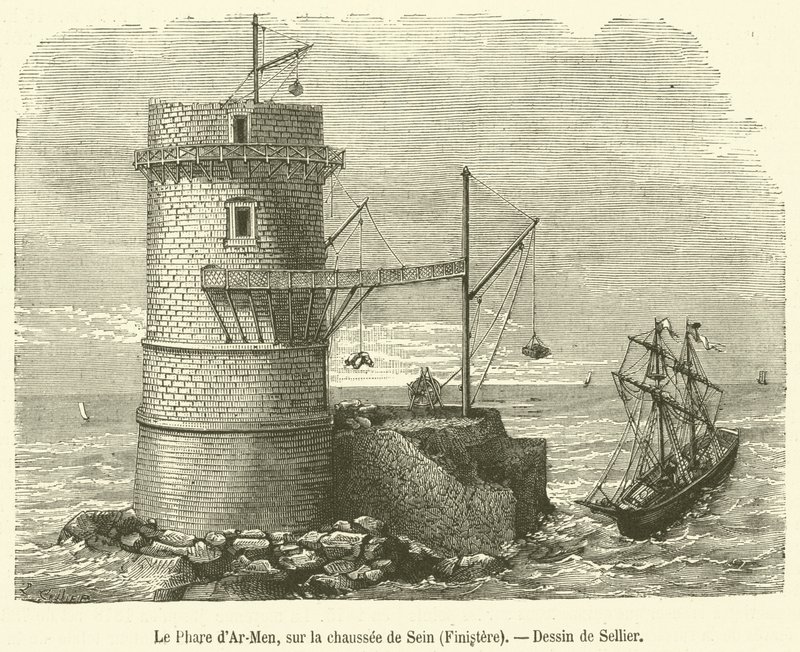 The Lighthouse of Ar-Men, på Chaussée de Sein, Finistere (gravyr) av French School