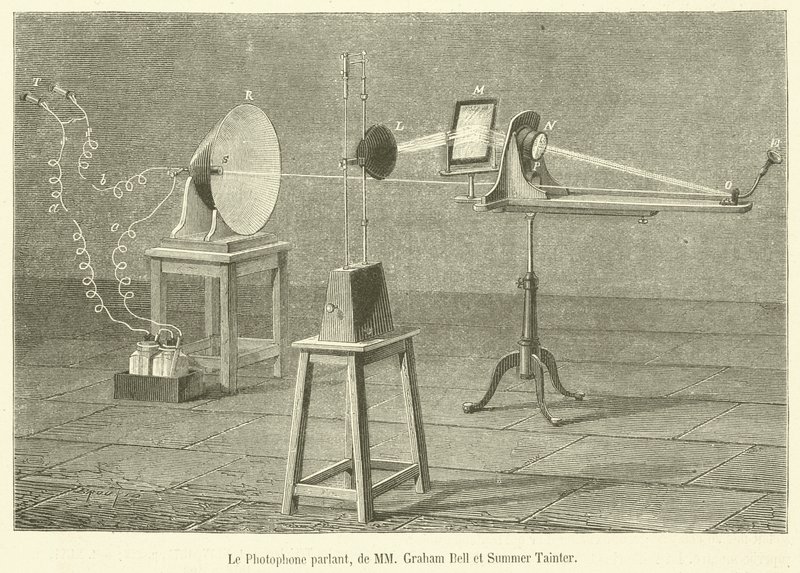 The Talking Photophone, av herrarna Graham Bell och Summer Tainter (gravyr) av French School