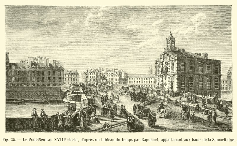 Pont-Neuf på 1700-talet, enligt en dåtida målning av Raguenet, tillhörande Samaritaine-baden av French School