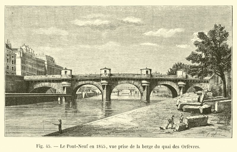 Pont-Neuf 1845, utsikt tagen från stranden av Quai des Orfevres av French School