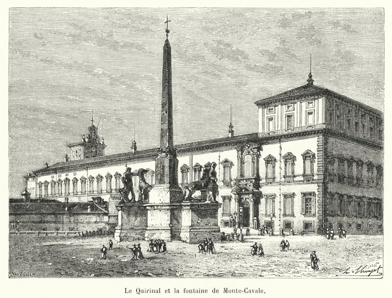 Quirinalen och fontänen Monte-Cavale (gravyr) av French School