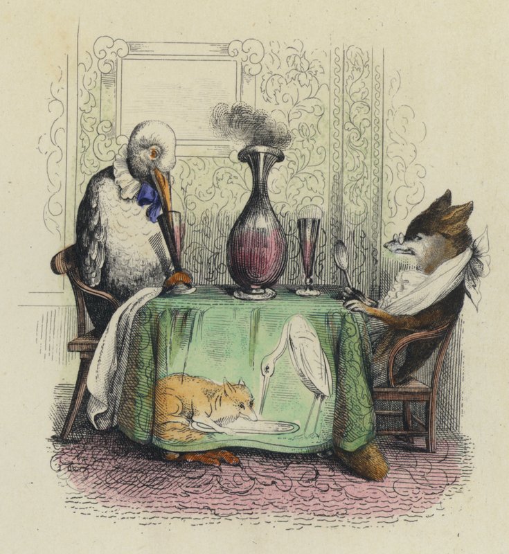 Räven och storken (färgad gravyr) av French School