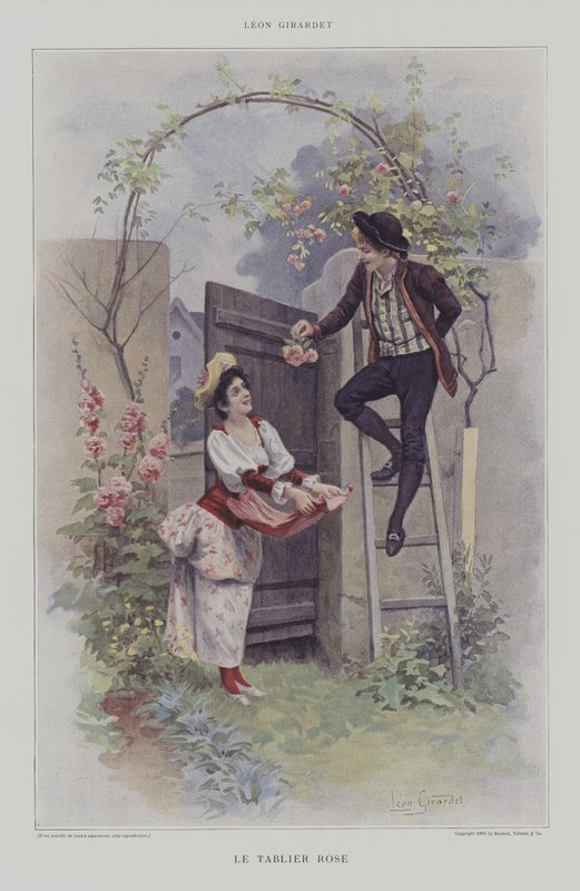 Le Tablier Rose (Det rosa förklädet) (färg litho) av French School
