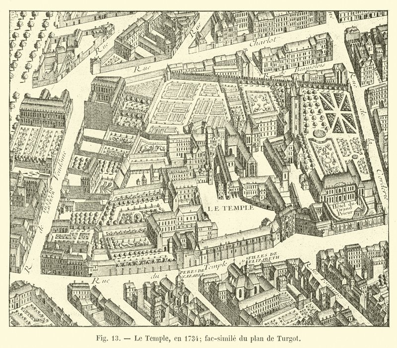Templet, 1734; faksimil av Turgots plan av French School