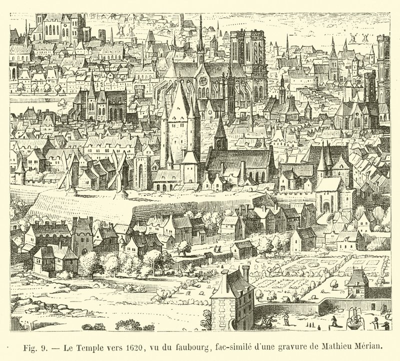 Templet omkring 1620, sett från faubourg, faksimil av en gravyr av Mathieu Merian av French School