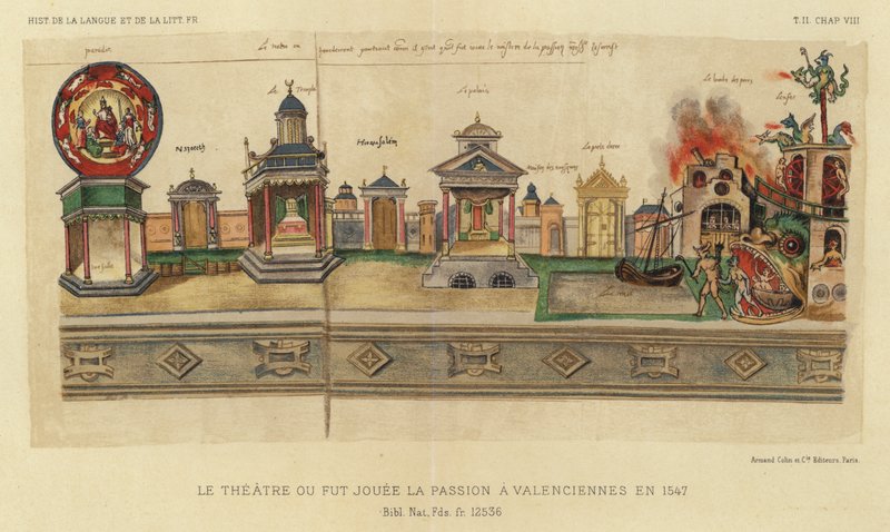 Teatern Ou Fut Jouee La Passion i Valenciennes 1547 (färg litho) av French School