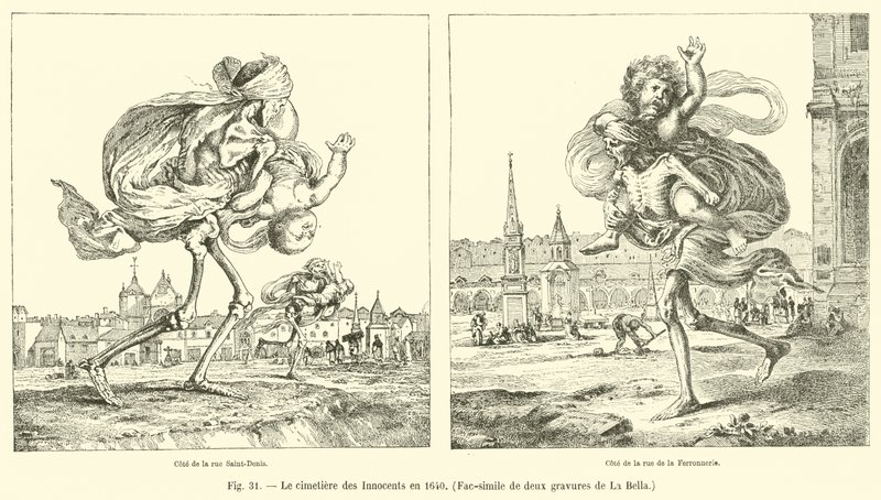 De oskyldigas kyrkogård 1640, faksimil av två gravyrer av La Bella av French School