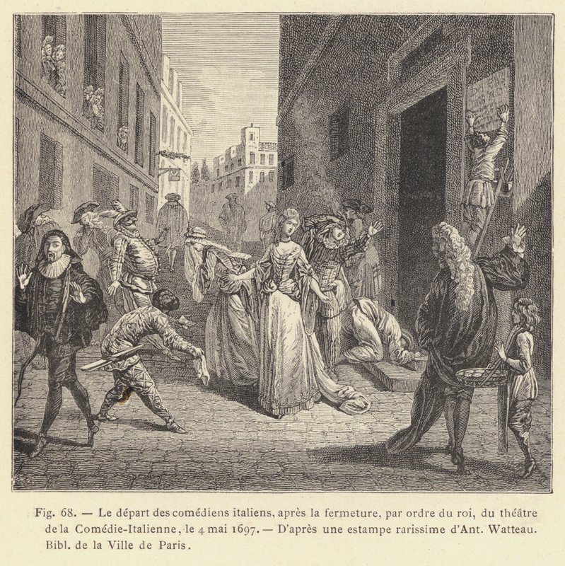De italienska skådespelarnas avgång, efter stängningen, på kungens order, av Comedie-Italiennes teater, 4 maj 1697 (gravyr) av French School