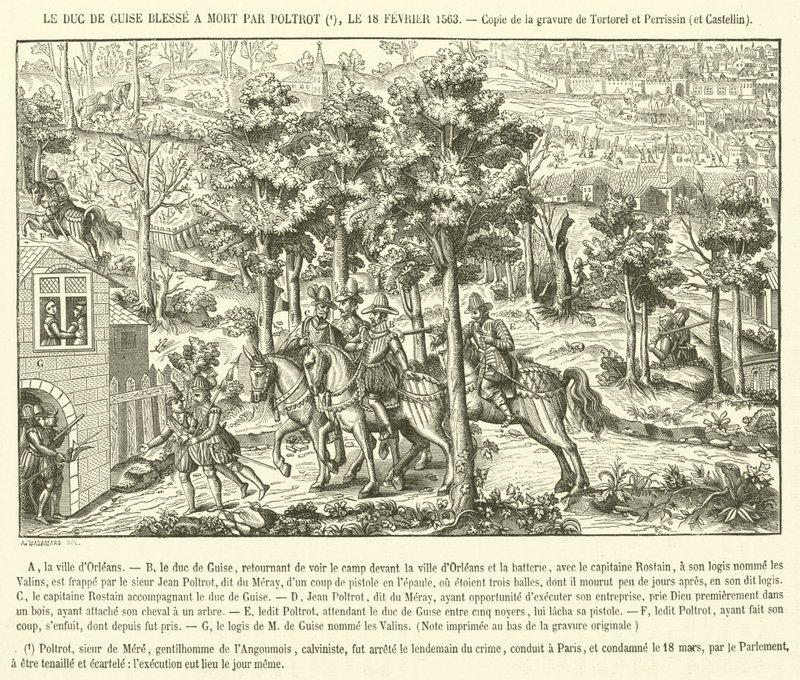 Hertigen av Guise dödligt sårad (gravyr) av French School