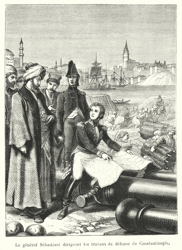 General Sebastiani dirigerar Konstantinopels försvarsverk (gravyr) av French School