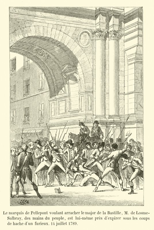 Markisen de Pellepont, som vill rycka Bastiljens major, M de Losme-Salbray, ur folkets händer, är själv på väg att dö ut under en rasande mans yxslag den 14 juli 1789 av French School