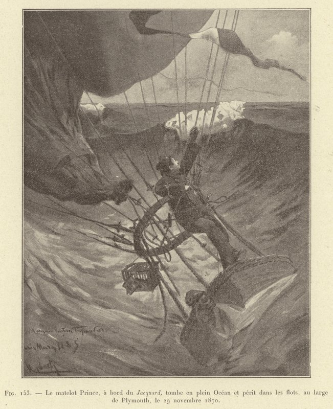 Sjömannen Prince, ombord på Jacquard, faller mitt i havet och omkommer i vågorna, utanför Plymouth, 29 november 1870 (gravyr) av French School
