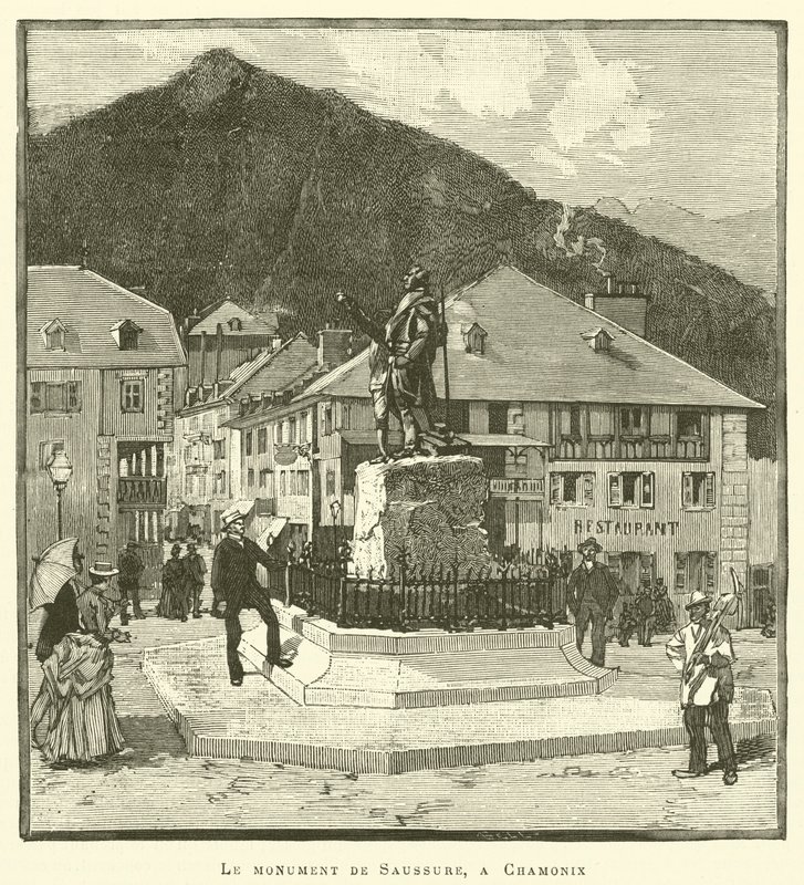 Monumentet av Saussure, i Chamonix (gravyr) av French School