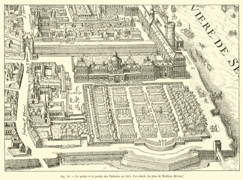 Tuileriernas palats och trädgård 1615, faksimil av planen av Mathieu Merian av French School