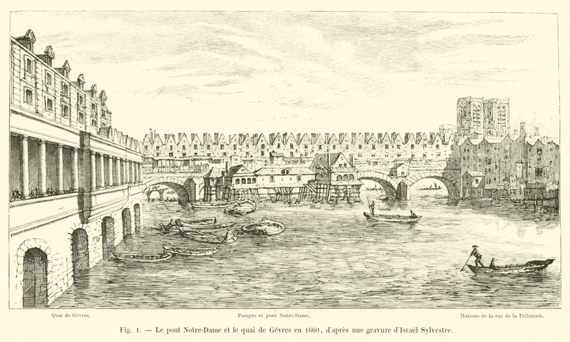 Notre-Dame-bron och Quai de Gesvres 1660, efter en gravyr av Israel Sylvestre av French School