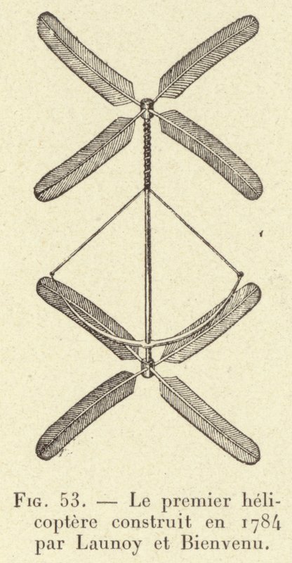Den första helikoptern byggd 1784 av Launoy et Bienvenu (gravyr) av French School