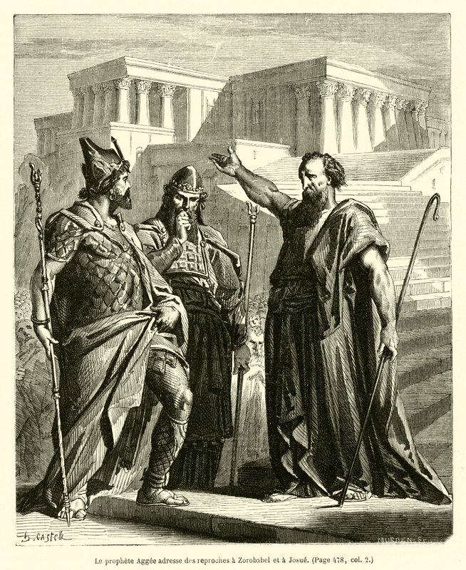 Profeten Haggai tillrättavisar Serubbabel och Josua (gravyr) av French School