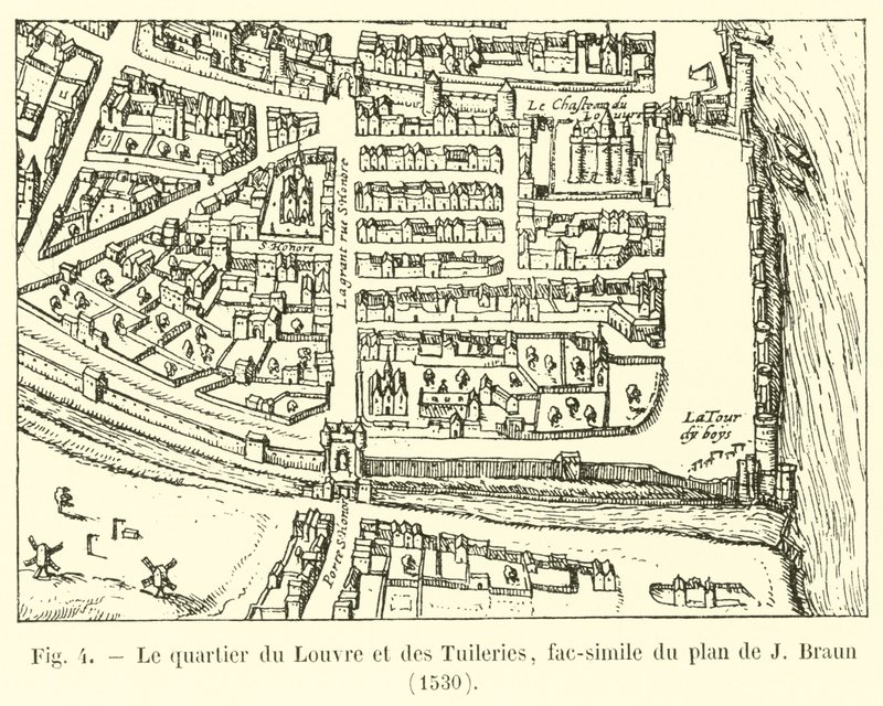 Louvren och Tuilerierna, faksimil av planen av J Braun, 1530 av French School