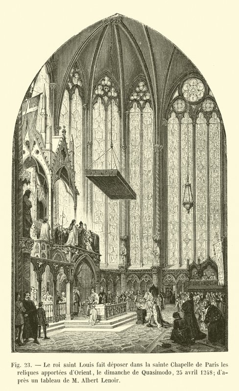 Kung Saint Louis lät deponera relikerna från öst i Sainte Chapelle i Paris Quasimodo söndagen den 25 april 1248, efter en målning av M Albert Lenoir av French School