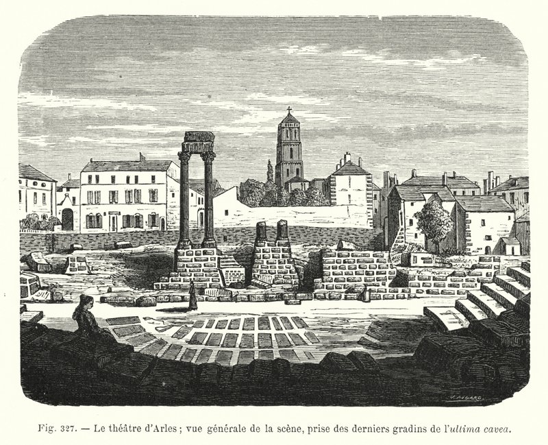 Teatern i Arles; allmän vy av scenen, tagen från de sista läktarna i ultima cavea (gravyr) av French School