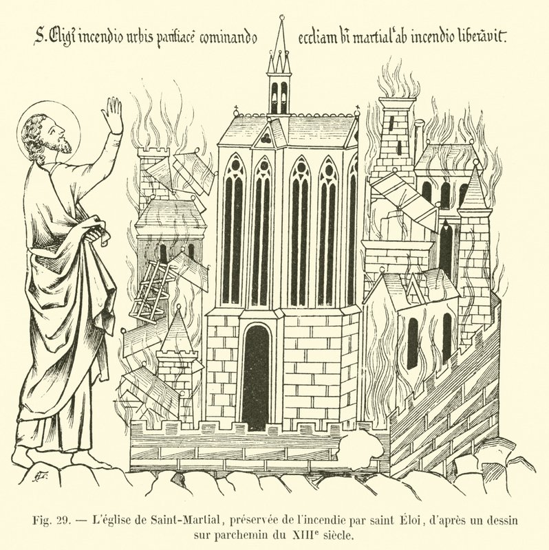 Kyrkan Saint-Martial, bevarad från elden av Saint Eloi, efter en teckning på pergament från 1200-talet av French School