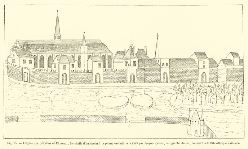 The Church of the Celestins and the Arsenal, faksimil av en pennteckning utförd omkring 1583 av Jacques Cellier, kungens kalligraf, förvarad på Nationalbiblioteket av French School