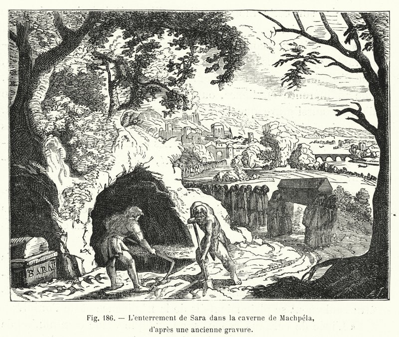 Begravningen av Sara i grottan i Machpela, från en gammal gravyr (gravyr) av French School