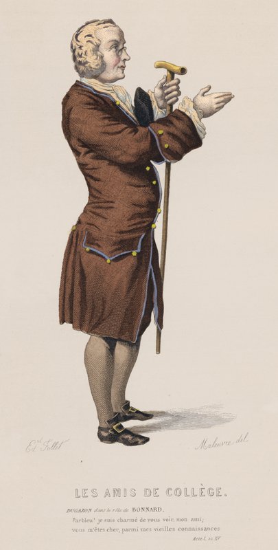 Les Amis De College, Akt I, Sc XV (färgad gravyr) av French School