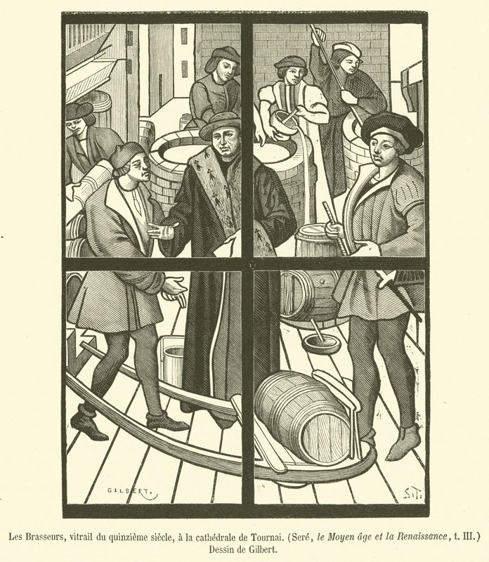 The Brewers, målat glasfönster från 1400-talet, i katedralen i Tournai (gravyr) av French School
