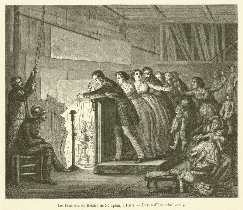 Bakom kulisserna på Seraphin-teatern, i Paris (gravyr) av French School