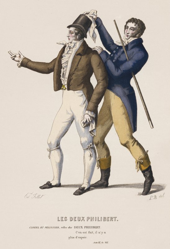 The Two Philiberts, Akt III, Sc VIII (färgad gravyr) av French School