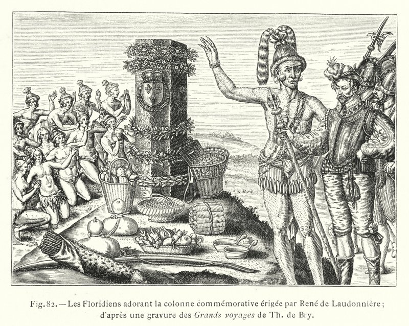 Floridianer som tillber minneskolonnen som restes av Rene de Laudonniere; efter en gravyr från Th de Brys stora resor (gravyr) av French School