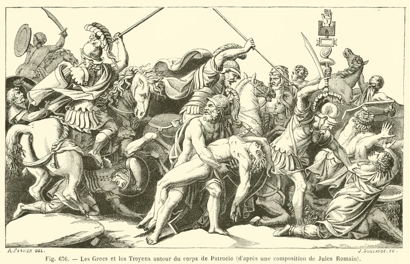 Grekerna och trojanerna runt Patroklos kropp (gravyr) av French School