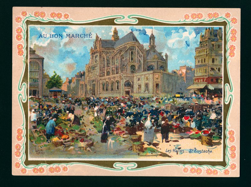 Les Halles och kyrkan St Eustache, Paris (kromolitho) av French School