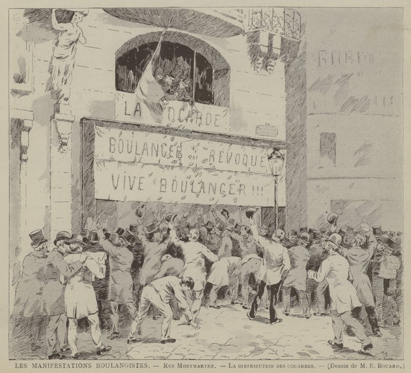 Les Manifestations Boulangistes, Rue Montmartre, La distribution des cocardes (gravyr) av French School
