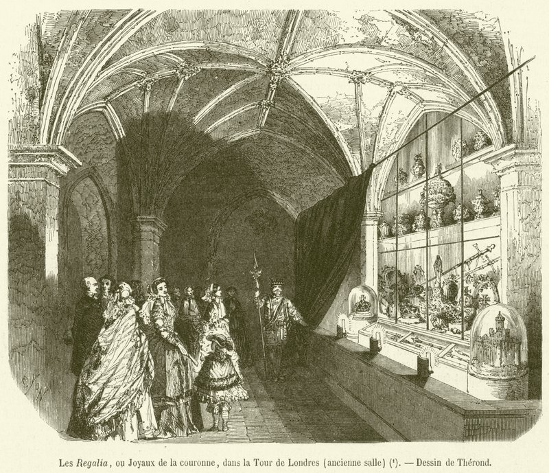 Regalierna, eller kronjuvelerna, i Tower of London, Old Hall (gravyr) av French School