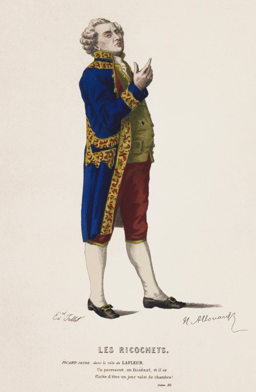 Les Ricochets, Scen XII (färgad gravyr) av French School