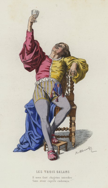 De tre galanerna (färgad gravyr) av French School