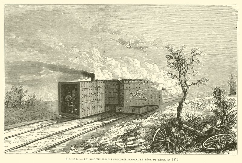 De blinda vagnarna som användes under belägringen av Paris, 1870 (gravyr) av French School
