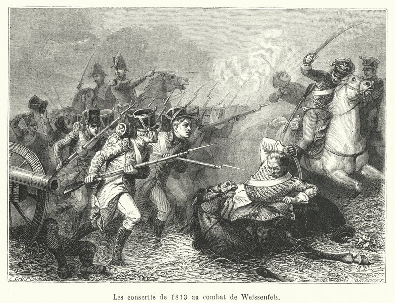 De värnpliktiga 1813 i slaget vid Weissenfels (gravyr) av French School