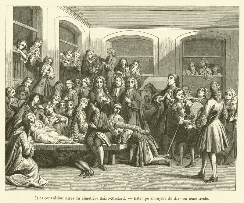 Convulsionsna på Saint-Medard-kyrkogården (gravyr) av French School