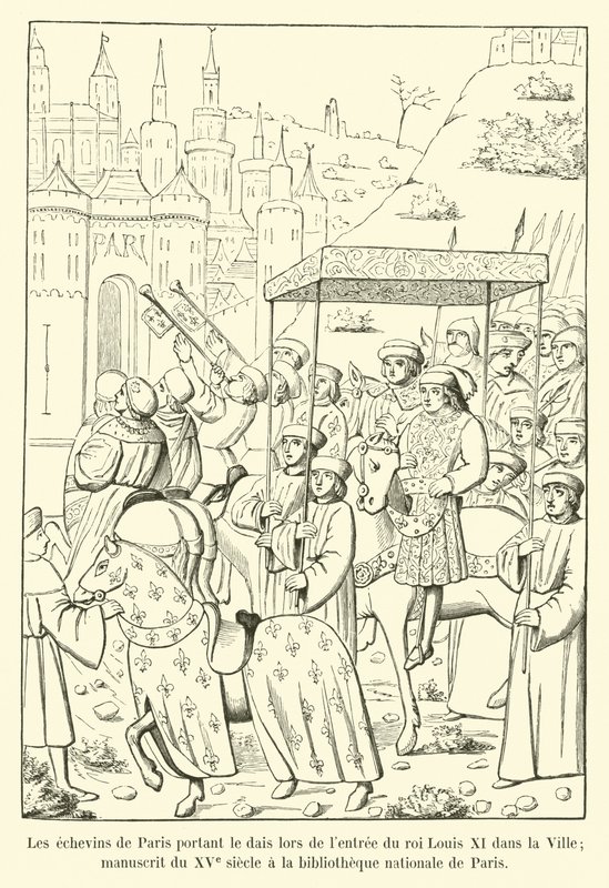 Almännen i Paris som bar podiet när kung Ludvig XI gick in i staden; 1400-talsmanuskript i Nationalbiblioteket i Paris av French School