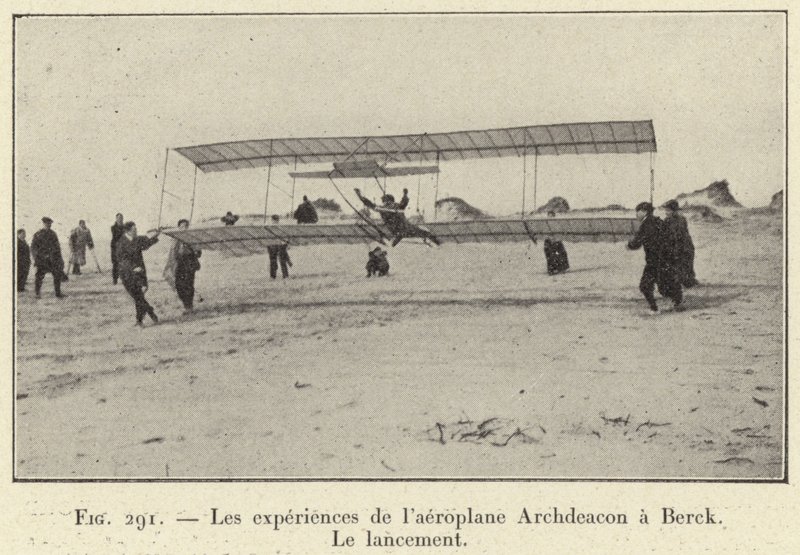 Upplevelserna av Archdeacon-flygplanet vid Berck, Lanseringen (gravyr) av French School