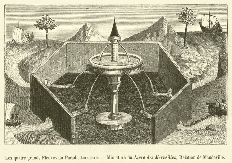 The Four Great Rivers of the Terrestrial Paradise, Mimature of Book of Wonders, Mandevilles relation (gravyr) av French School